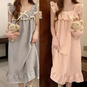 마키마 캡내장 체크 프릴 리본 원피스 잠옷 홈웨어