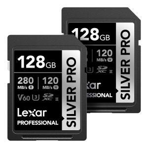 Lexar 128GB(2-PK) 프로페셔널 실버 PRO SD 사진작가, V60, 비디오그래퍼, 4K, C10, 메모리 UHS-II, HD, U3, 카드, 읽기 풀 280MB/s 최대 애호가(LSDSIPR128G-B2NNU)용 SDXC