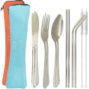 업트러스트 2세트 재사용 가능한 여행 도구 휴대용 스테인리스 스틸 플랫웨어 6피스 식기 나이프 포크 스푼