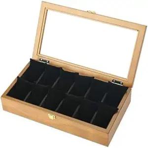유리 뚜껑이 있는 나무 12슬롯 시계 디스플레이 박스 보석 보관 케이스 벨벳 안감 및 액세서리용 금속