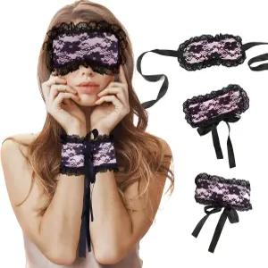 프레시미 블라인드폴드 수면 마스크 및 핸드 타이 핑크 블랙 귀여운 편안한 레이스 블랙아웃 커버 커플