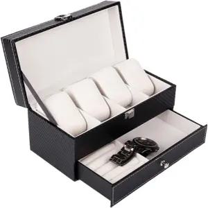 시계 디스플레이 보관 케이스 4 그리드 이중 레이어 상자 탄소 섬유 PU 보석 반지 귀걸이