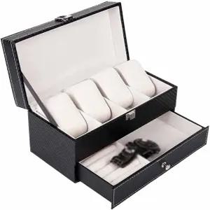 4 그리드 이중 레이어 시계 상자 케이스 카본 파이버 PU 주얼리 링 귀걸이 디스플레이 보관 홀더 정리함