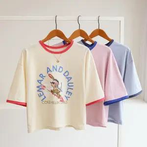 [잇수다] 에어로우 프린팅 라인배색 세미크롭 반팔 링거 티셔츠