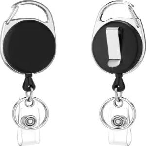 QREEL 헤비 듀티 리트랙터블 배지 릴 2팩 카라비너 포함 홀더 클립 벨트 및 키 링 블랙