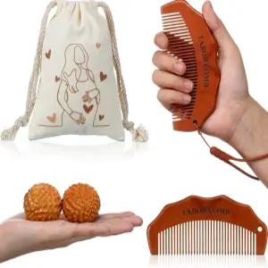 아파르누크 4개 출산 빗 선물 세트에는 임산부를 위한 나무 노동 지압 마사지 볼 캔버스 백이 포함되어