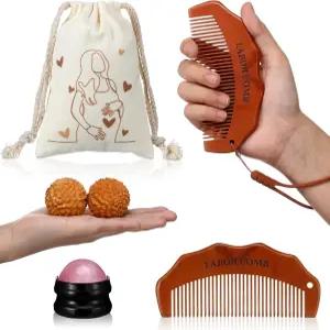 아파르누크 5개 출산 빗 선물 세트 임산부를 위한 나무 노동 마사지 롤러 볼 지압 캔버스 백 포함 필수품
