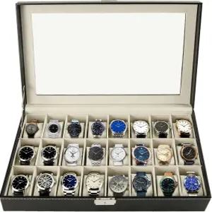 남성용 ATPEAM 24 슬롯 시계 케이스 상자 정리함 블랙 합성 가죽 방수 잠금식 보관 케이스유리 뚜껑 포함