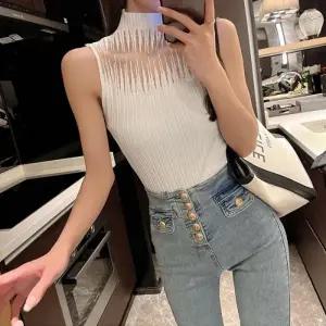 G127020_반하이넥 시스루레이스 민소매 골지니트 나시티셔츠