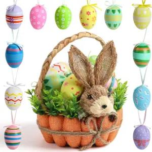 손잡이가 달린 부활절 바구니 장식 수제 빨대 토끼 12개의 매달린 달걀 사탕 보관용 당근 봄과 가정용 식탁