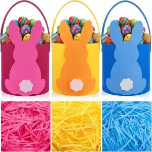 무케렌 부활절 토끼 펠트 바구니 컬러풀 로즈 레드 블루와 옐로우 버킷 손잡이와 라피아 종이 리본 달걀