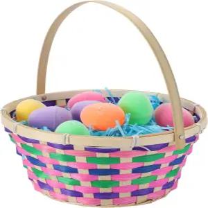 JOYIN 부활절 대나무 바구니 화려한 원형 직조 구디 빈 사탕 선물 여아용 접이식 손잡이 달걀 사냥 파티