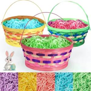 손잡이가 달린 업탑 부활절 바구니 5가지 색상의 크링클 컷 종이 충전재가 있는 대나무 달걀 사냥 장식
