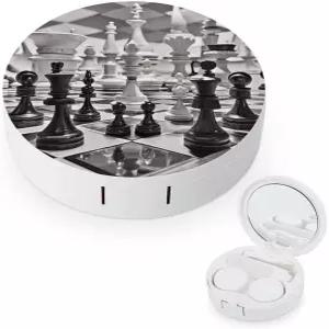 LZQPOEAS 블랙 앤 화이트 체스 콘택트 렌즈 케이스 누수 방지 휴대용 여행용 사이즈 귀여운 미러 데일리