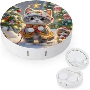 LZQPOEAS 귀여운 고양이 노래 크리스마스 캐롤 콘택트 렌즈 케이스 누수 방지 휴대용 여행용 사이즈 미러
