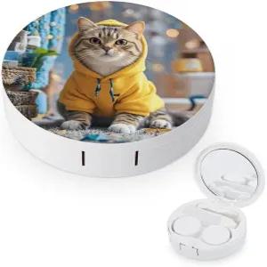 노란색 후드티 콘택트렌즈 케이스의 LZQPOEAS 고양이 누수 방지 휴대용 여행용 사이즈 귀여운 미러 데일리