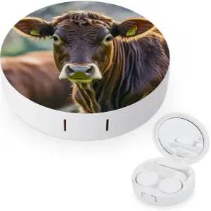 LZQPOEAS 카우 인 브라운 콘택트렌즈 케이스 누수 방지 휴대용 여행용 사이즈 귀여운 미러 데일리 비전