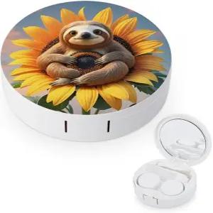 해바라기 콘택트렌즈 케이스에 앉아 있는 LZQPOEAS 나무늘보 누수 방지 휴대용 여행용 사이즈 귀여운 미러