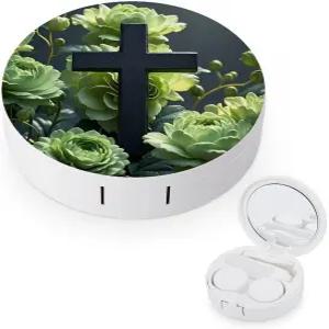 녹색 꽃 중 LZQPOEAS 블랙 크로스 콘택트 렌즈 케이스 누수 방지 휴대용 여행용 사이즈 귀여운 미러 데일리