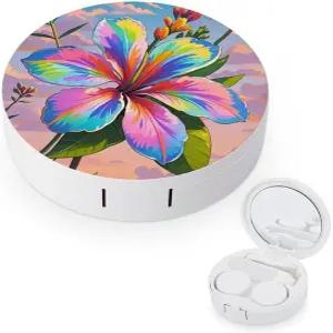 LZQPOEAS 눈길을 사로잡는 하와이 꽃 콘택트 렌즈 케이스 누수 방지 휴대용 여행용 사이즈 귀여운 미러