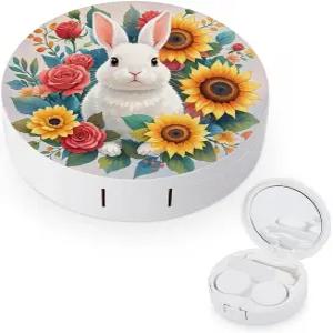 LZQPOEAS 수채화 토끼와 꽃 콘택트 렌즈 케이스 누수 방지 휴대용 여행용 사이즈 귀여운 미러 데일리 비전