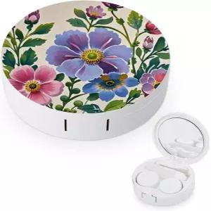 LZQPOEAS 핸드 페인팅 플라워 콘택트 렌즈 케이스 누수 방지 휴대용 여행용 사이즈 귀여운 미러 데일리