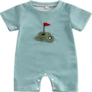 클라우타리 신생아 남성복 반팔 스트라이프 자수 소화기/축구/야구/농구 여름 롬퍼