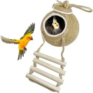 Tfwadmx 코코넛 히드 위드 사다리 천연 섬유 걸이 새집 케이지 수제 시살 로프 및 앵무새 사랑새 핀치