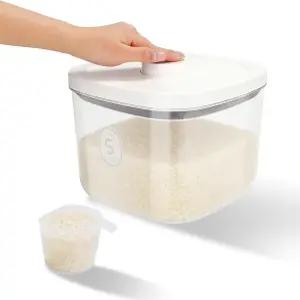 ODOMU 쌀 용기 밀폐형 5리터/5.28 qt 밀가루 설탕 저장 팝 뚜껑 및 계량 컵 BPA 프리 PET 식품 5-10파운드