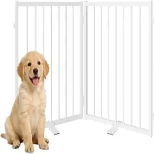 문이 있는 SNUOWU 풀 메탈 프리스탠딩 게이트 실내 및 실외용 접이식 애완견 울타리 집 계단 현관 데크