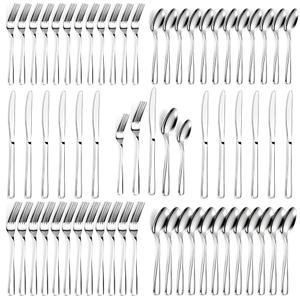 베스트딘 60 PCS 은식기 세트 - 나이프, 숟가락, 포크, 식기 세트, 식기세척기 금고 및 결혼 선물용 스테인리스 스틸 은식기를 포함한 6인용 미러 폴리싱 플랫웨어 가정 파티용