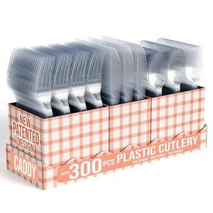 투명 플라스틱 포크와 스푼 & 나이프가 포함된 정교한 식기 캐디 정리함 3개와 100개의 및 포크가 파티용 깅엄 주방 홀더 일회용 나이프 세트
