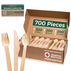 700피스 나무 식기 세트 - [포크 300개, 스푼 200개, 나이프 200개] 대량 일회용 | 퇴비화 가능한 자작나무 이벤트 및 일상 사용을 위한 , 생분해성, 내구성 E's
