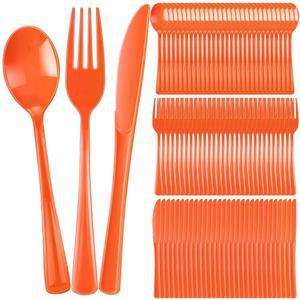 300개 플라스틱 실버웨어 헤비 듀티 식기 세트 세트, 일회용 스푼 100개 포함 가족 모임을 위한 포크 나이프 100개(오렌지)