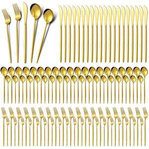 Meanplan 200개 골드 식기 세트 스테인리스 스틸 수저, 나이프 스푼 및 포크 포함 휴대용 재사용 가능한 금 키트, 홈 레스토랑 아파트 주방, 40인용 서비스