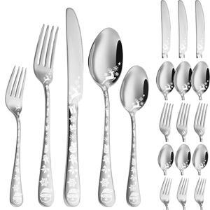 Vilihkc 크리스마스 스타일 실버웨어 세트, 20피스 스테인리스 스틸 식기 4인용 주방 도구 세트 서비스, 가정 및 레스토랑용 식기세척기 안전