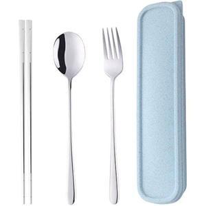 휴대용 여행용 식기 3PCS 스푼 포크 젓가락 세트 18/10 스테인리스 스틸 케이스와 학교 업무용 가방 (실버)