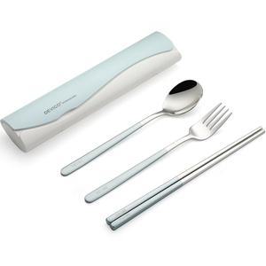케이스 포함 데비코 휴대용 여행 도구, 점심용 재사용 가능한 캠핑 실버웨어, 18/8 스테인리스 식기 세트(블루)