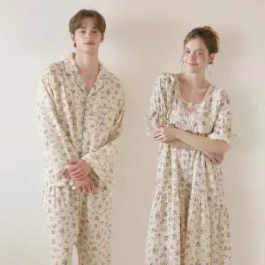 [lunaluz](신세계 사우스시티)커플 플로라 코튼 반소매 스퀘어넥 원피스 잠옷