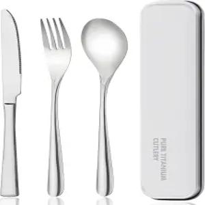 Zing TTI 티타늄 식기 세트 포크 나이프 숟가락을 포함한 상자형 여행용 가방 휴대용 디자인 학교 직장