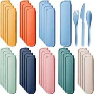 32세트 재사용 가능한 여행 도구 케이스 밀짚 커틀러 휴대용 숟가락 나이프 포크 벌크 여행용 피크닉 선물