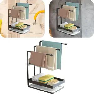 2개의 끈적끈적한 후크가 있는 행주 선반 주방 싱크대용 배수 팬이 스펀지 홀더 브러시 비누 금속 캐디