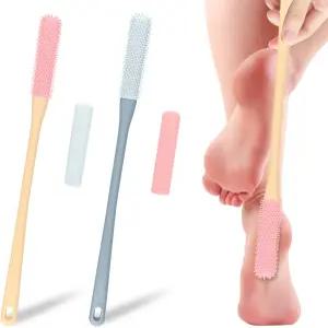 화카일 2팩 발가락 세정 브러시 세트 교체용 헤드와 긴 손잡이가 있는 샤워용 실리콘 발 스크러버 갭 로션