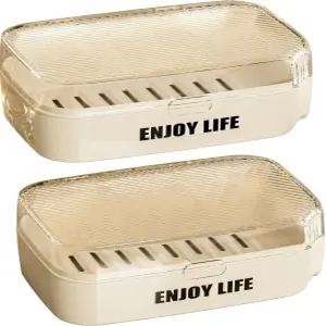 뚜껑이 있는 비누 홀더 샤워용 배수 상자 2팩 바 케이스 용기 휴대용 접시 욕실용 샤워기 투명