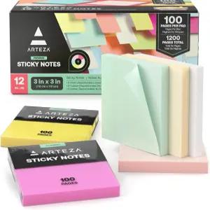 사무실 학교 및 가정용 ARTEZA 스티커 메모 3x3 인치 12 패드 다양한 색상의 자가 접착 벌크 팩