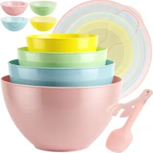 뚜껑이 있는 16피스 플라스틱 믹싱 볼 세트 네스팅 준비 8개와 8개 2in1 스푼포크 서빙 및 보관을 위한