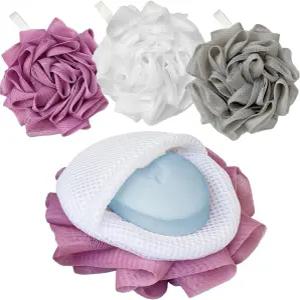 비누 봉투가 포함된 3팩 목욕 루파 샤워 여성 및 남성용 이중 사용 각질 제거 스펀지 세이버 젠틀 바디