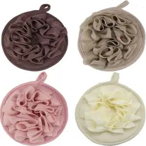 바디용 4PCS 목욕 루파 스펀지 브러시 샤워 메시 파우치 볼 플라워 있는 글러브 남녀용 각질 제거 패드