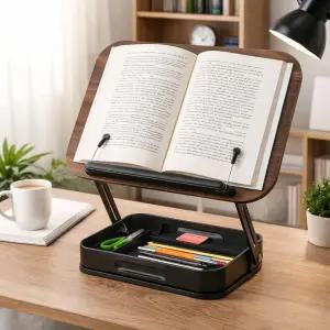 수납공간이 있는 조절 가능한 나무 책꽂이 360 회전식 넓은 페이지 클립 접이식 요리책 및 책상 주방