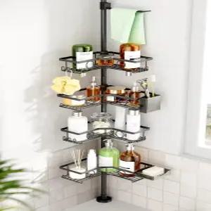 디미노 코너 샤워 캐디 텐션 폴 비누 홀더와 후크가 있는 4단 방청 로드 정리함 세입자를 위한 조절 가능한